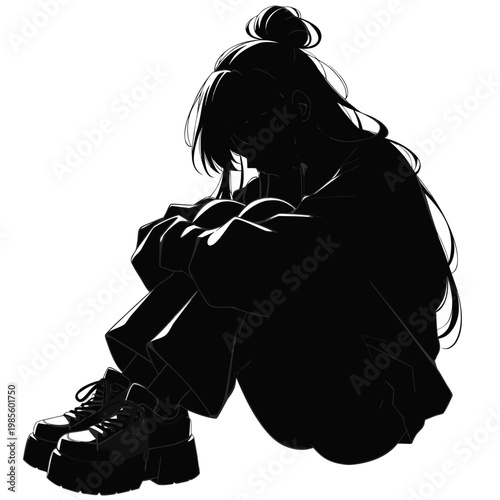 Sad girl silhouette in anime style, lonely woman sitting on floor with knees hugged, depressed female character vector illustration on white background