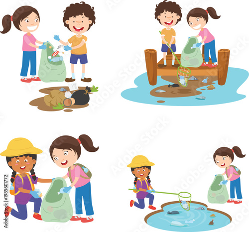 Children Cleaning Up Litter Outdoors.Collecting Trash in a Bag