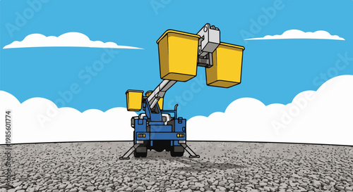 Blue lift truck with yellow buckets extends toward clouds over gravel