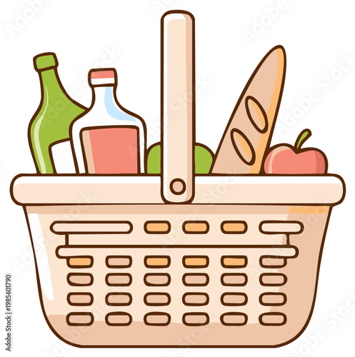 Picnic Basket Filled with Fresh Food and Drinks for Outdoor Meal