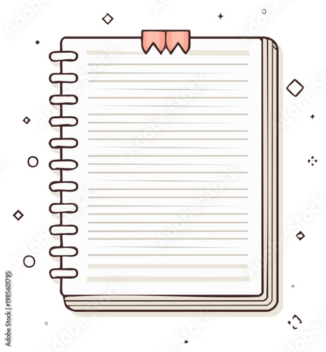 Illustration of a lined notebook with a coral pink paper clip and spiral binding