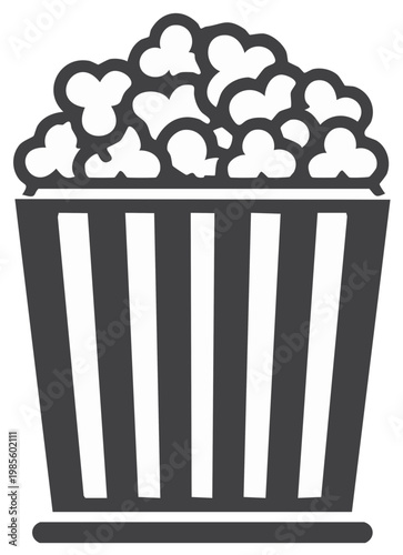 Striped popcorn bucket filled with fluffy popcorn cinematic snack icon