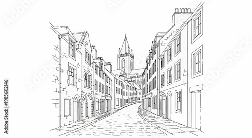 A detailed pen-and-ink sketch of a cobblestone street lined with old buildings