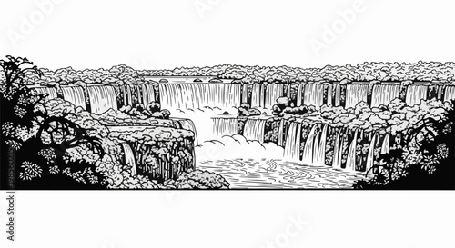 A detailed black and white illustration of a wide, multi-tiered waterfall cascading into a river