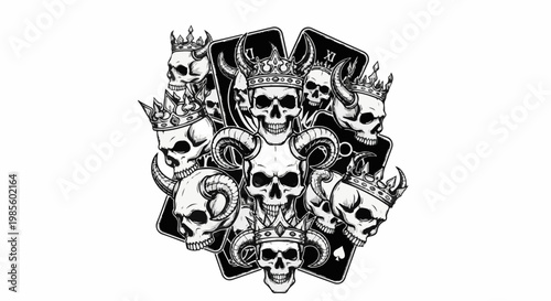 A collection of crowned skulls with horns and playing cards
