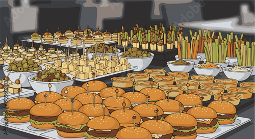 A bountiful buffet spread with appetizers, dips, and mini burgers