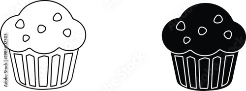 Minimalist muffin icon set, chocolate chip cupcake vector illustrations, simple black and white bakery symbols for menu design and food branding