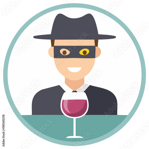 Cartoon bandit with mask and hat holding a glass of wine, flat design