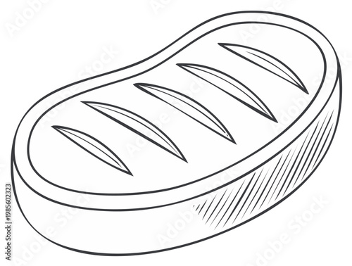 Hand drawn outline illustration of a delicious grilled beef steak with barbecue char marks