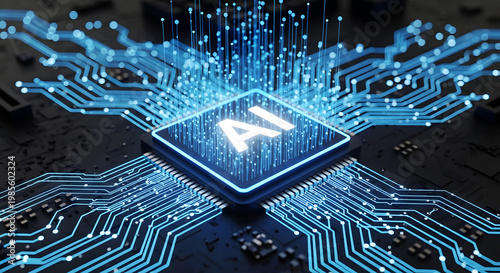 Glowing blue A I chip on circuit board with data streams artificial intelligence