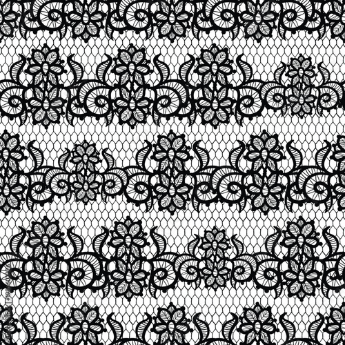 Black floral lace border on transparent mesh fabric, seamless repeating ornament pattern for elegant vintage textiles, fashion, lingerie, wedding stationery, and backgrounds