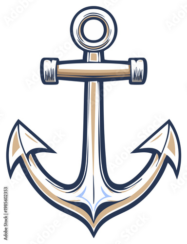 Illustration of a Classic Anchor in blue and Beige. Isolated. Symbol of Nautical Lifestyle