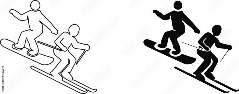 Fototapeta premium Snowboarding and skiing icons, winter sports silhouette and outline vector set, downhill mountain activity symbols for resort signage
