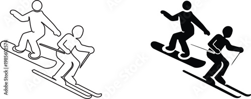 Snowboarding and skiing icons, winter sports silhouette and outline vector set, downhill mountain activity symbols for resort signage