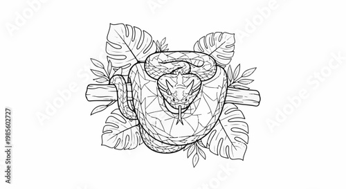 A stylized serpent coiled around a branch with leaves, intricate details