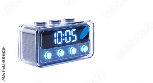 digital alarm clock showing 10:05 on transparent blue display in studio lighting