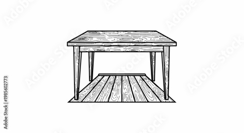 Wooden table and floor, simple line art, drawing style