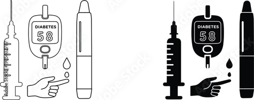 Diabetes medical icons set, blood glucose monitor and insulin pen vectors, black and white diabetic care equipment for healthcare infographics