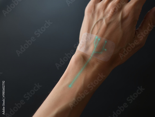 Close-up of human wrist with transparent smart patch and glowing digital circuit, health monitoring and wearable tech concept