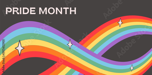 Pride Month banner with waving rainbow ribbons and sparkles on dark background. Abstract LGBTQ infinity flow background with inclusive colors and minimalist typography for celebration events. Vector.