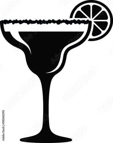 Margarita cocktail glass with salted rim and lime slice garnish vector flat icon for beverage menu design illustration.