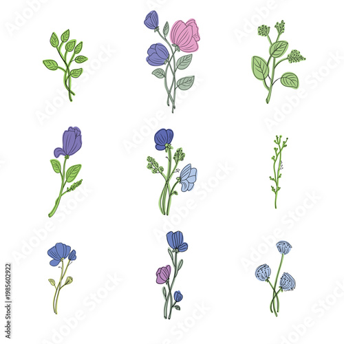 Set of nine minimalist floral and foliage illustrations showcasing various plants with simple outlines and soft pastel blue, purple, pink, and green accents, suitable for elegant design elements