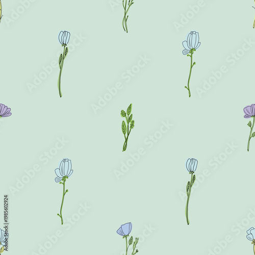 Repeating hand drawn pattern of delicate blue and purple flower buds with green stems and leaves on a soft pale green background, ideal for textiles and wallpaper