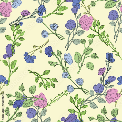 Natural hand drawn floral seamless pattern with blooming purple, pink, and blue flowers, green leaves, and botanical elements on a light yellow background, representing springtime growth
