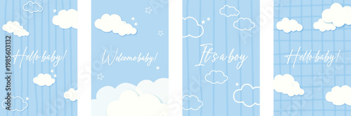Hello baby cards set with clouds and stars, blue background templates for invitations, baby shower, birth announcements, social media and print