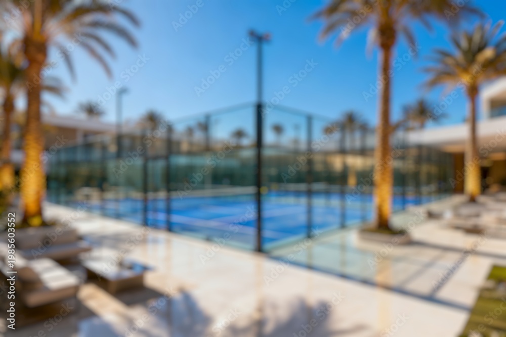 Fototapeta premium Soft focus view of an elegant sports court near a villa, capturing summer vibes and upscale outdoor living.