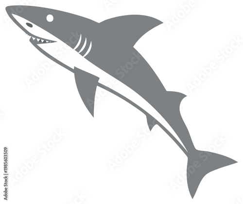 Stylized grey and white shark illustration swimming with open jaws showing sharp teeth representing marine power and predatory nature