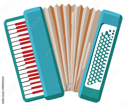 Blue accordion with ivory bellows and red and black keys illustration for music related graphic