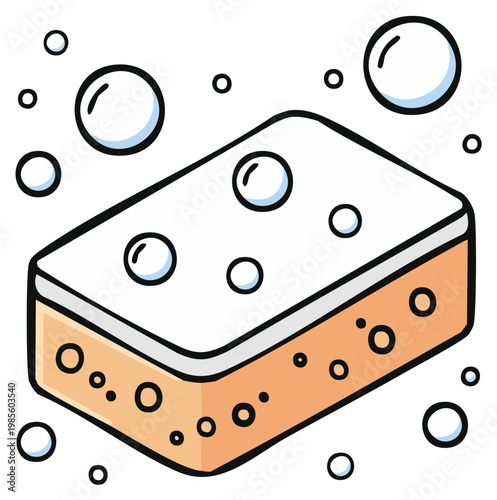 Simple cartoon illustration of a cleaning sponge with soap bubbles