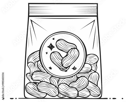 Outline illustration of a bag of peanuts in transparent packaging with a stylish circular design element