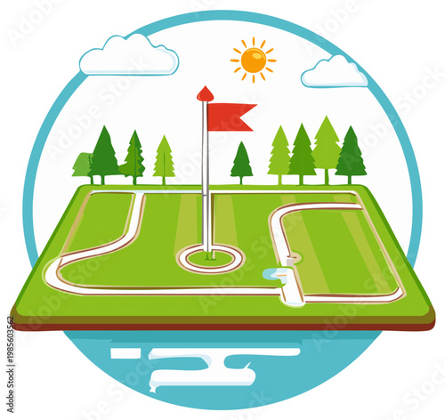 Cartoon Golf Course Illustration with Flag, Trees, Sun and Clouds in a Circular Frame