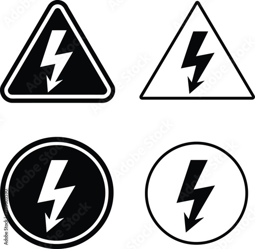 Electric hazard vector icon set, lightning warning danger symbols triangle circle outline safety sign collection