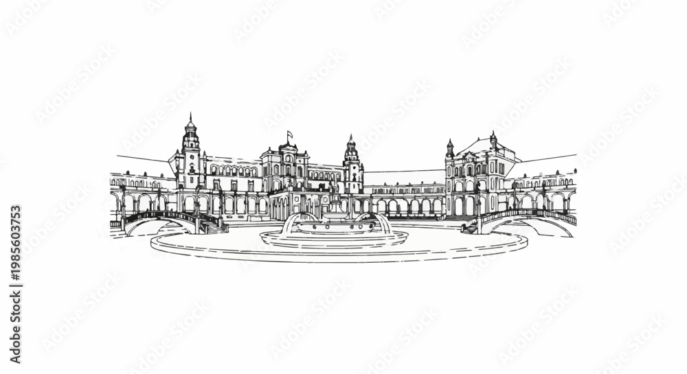 Fototapeta premium Ornate building with central fountain and arched bridges