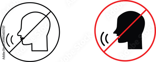 No talking sign icons, quiet zone prohibition symbols with human head profile, silent area warning vector set for public spaces and libraries