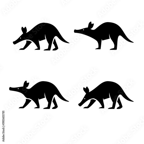 Set of Aardvark Vector Silhouettes in Various Poses on White Background