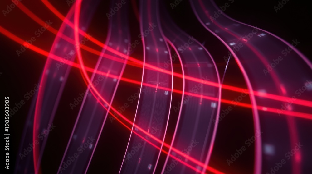 Obraz premium Abstract lines, vibrant red glows, dark background. Curves intersect, creating dynamic visual effect. Modern digital art.