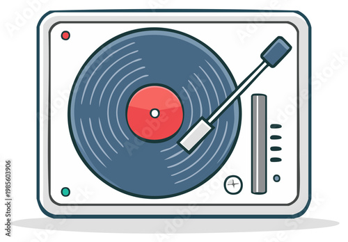 Cartoon illustration of a vintage record player with blue and red elements.