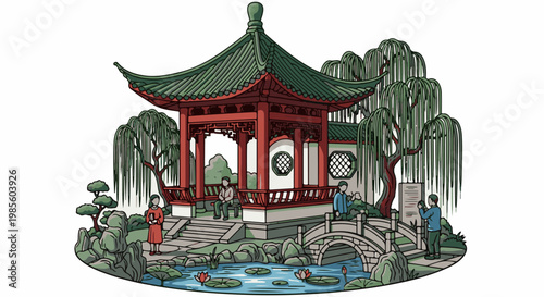 Traditional Asian garden pavilion with people, weeping willows, and lily pond