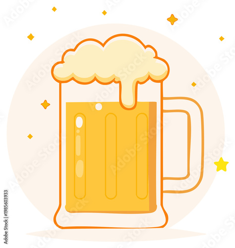 Refreshing Golden Beer Mug with Abundant Frothy Head and Decorative Sparkles