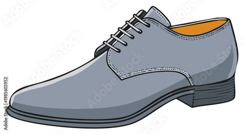 Single grey formal men's Oxford shoe vector illustration with white laces and orange lining