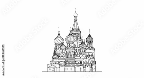 Stylized outline sketch of a famous onion-domed cathedral