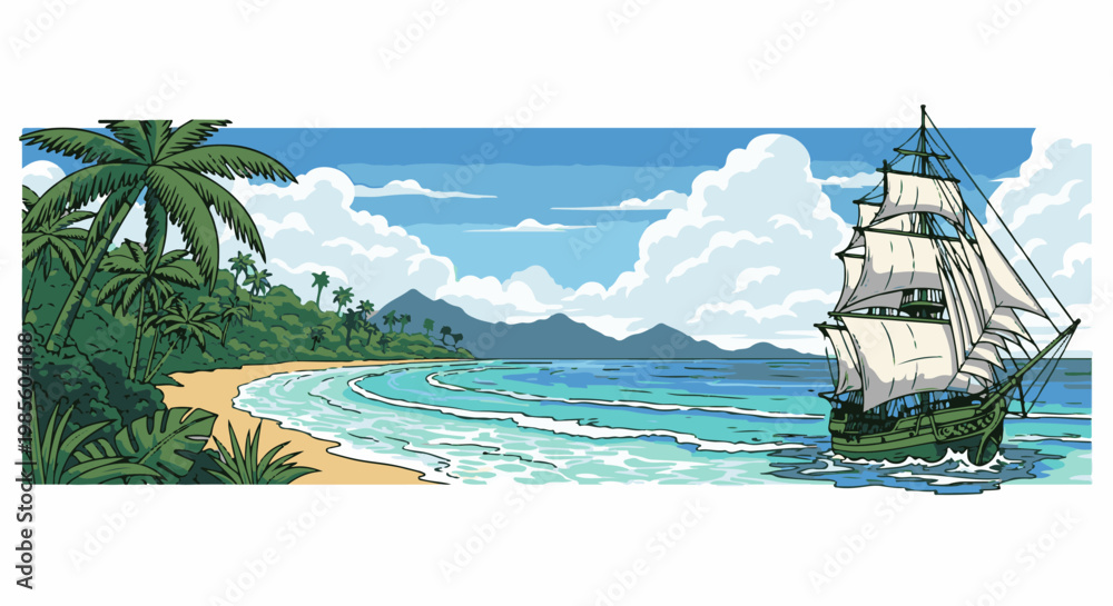 Obraz premium Pixel art of a tropical beach with a sailing ship offshore