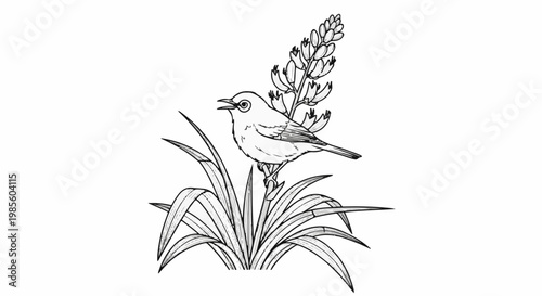 A delicate line drawing of a small bird perched on a flowering plant