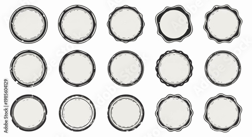 A collection of fifteen varied circular, stamp-like graphics