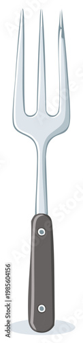 Cartoon illustration of a metal fork with a wooden handle isolated on white