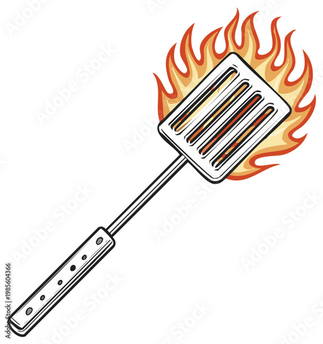 Metal Spatula Ignited by Bright Orange Flames Against White Background Illustration